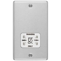 LAP  2-Gang Dual Voltage Shaver Socket 115 / 230V Brushed Stainless Steel with White Inserts