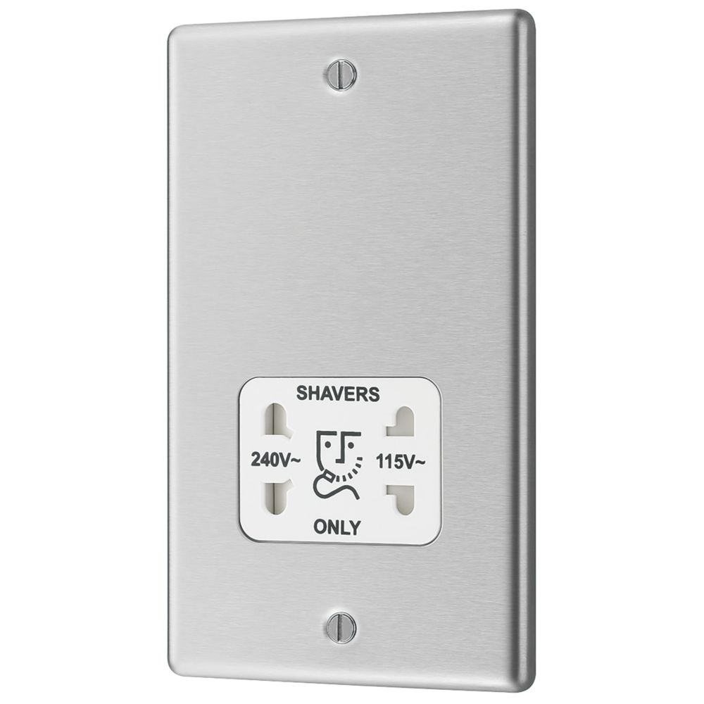 LAP 2-Gang Dual Voltage Shaver Socket 115 / 230V Brushed Stainless ...