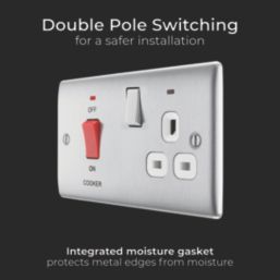 British General Nexus Metal 45A 1-Gang DP Cooker Switch & 13A DP Switched Socket Brushed Steel with LED with White Inserts