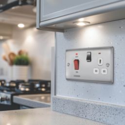 British General Nexus Metal 45A 1-Gang DP Cooker Switch & 13A DP Switched Socket Brushed Steel with LED with White Inserts
