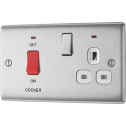 British General Nexus Metal 45A 1-Gang DP Cooker Switch & 13A DP Switched Socket Brushed Steel with LED with White Inserts