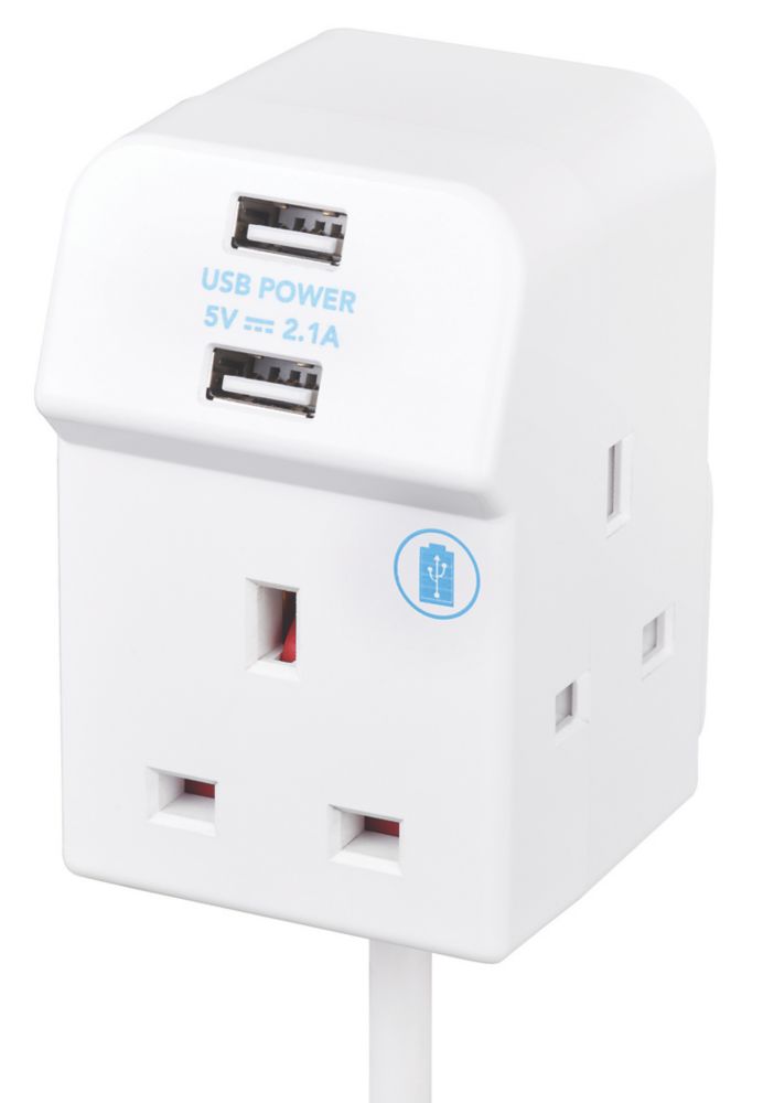 Masterplug 13A 3-Gang Unswitched  Extension Lead + 2.1A 2-Outlet Type A USB Charger White 2m