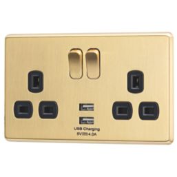 Arlec  13A 2-Gang SP Switched Socket + 4A 15W 2-Outlet Type A USB Charger Gold with Black Inserts