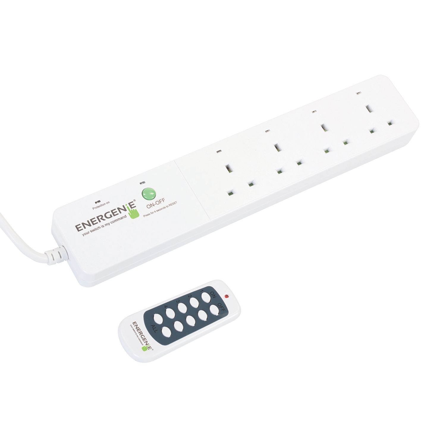 Energenie 13A 4-Gang Switched Surge-Protected Extension Lead & Wireless Remote Control White 1.8m (8359H)