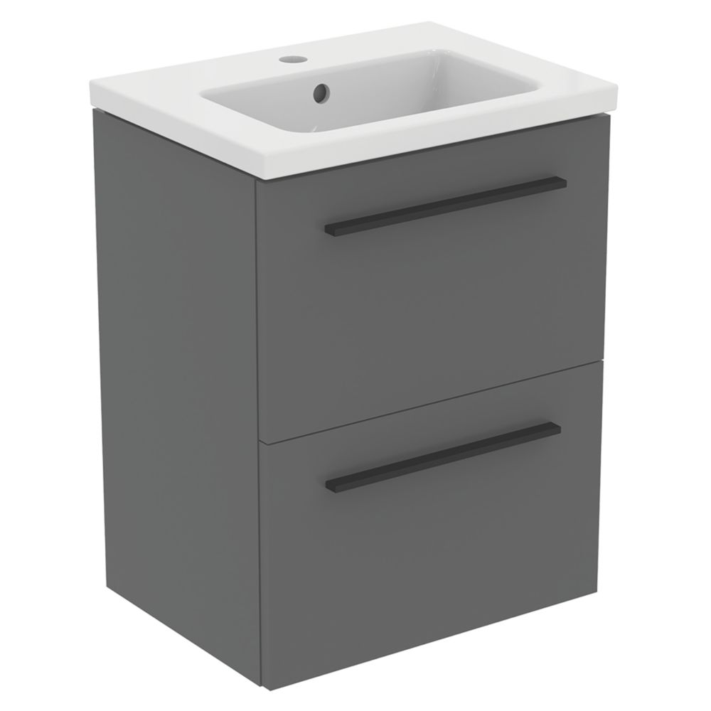 Ideal Standard i.life S Wall Hung Vanity Unit With Black Handles & Basin Matt Grey 500mm x 375mm x 665mm