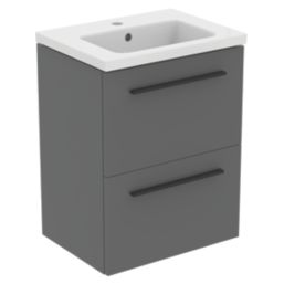 Ideal Standard i.life S Wall Hung Vanity Unit With Black Handles & Basin Matt Quartz Grey 500mm x 375mm x 665mm