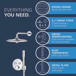 Grohe Precision SmartControl HP Rear-Fed Concealed Chrome Thermostatic Round Head Shower System 260