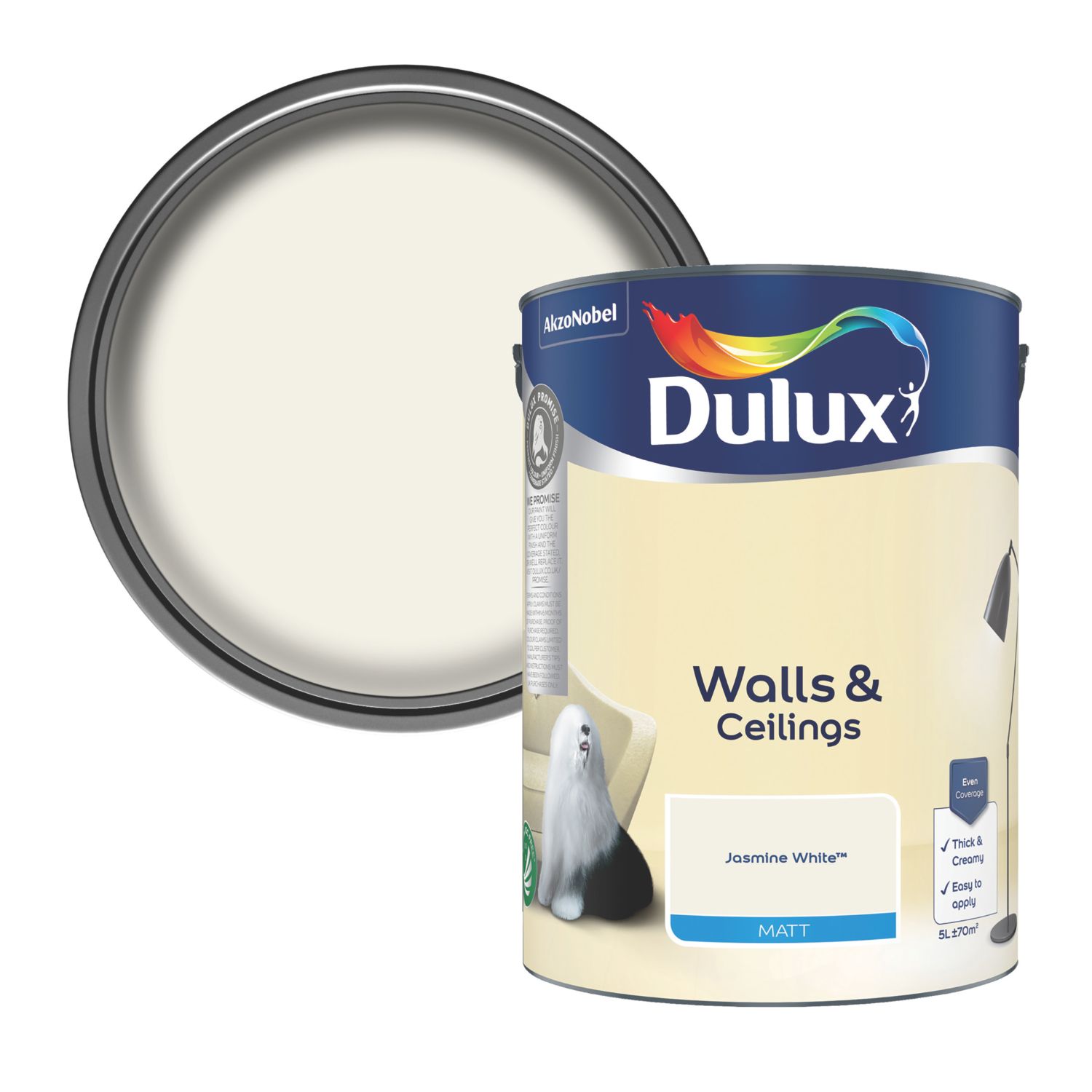 Dulux Walls & Ceilings 5Ltr Jasmine White Matt Emulsion Paint (838AX)
