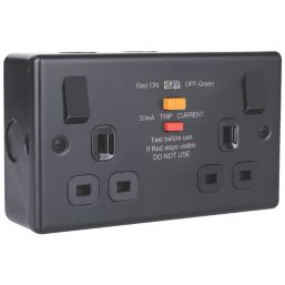 British General  Black 13A 2-Gang SP Switched Metal Clad Type A RCD Socket On/Off Indicator with Colour-Matched Inserts