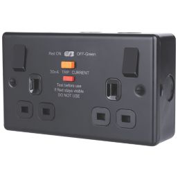 British General  Black 13A 2-Gang SP Switched Metal Clad Type A RCD Socket On/Off Indicator with Colour-Matched Inserts