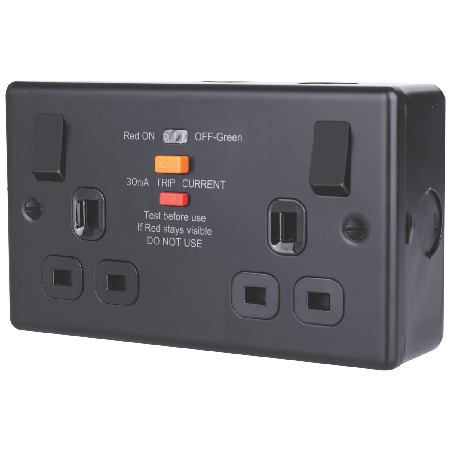 British General Black 13A 2-Gang SP Switched Metal Clad Type A RCD Socket On/Off Indicator with Colour-Matched Inserts (838EE)