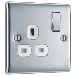 British General Nexus Metal 13A 1-Gang DP Switched Plug Socket Polished Chrome  with White Inserts