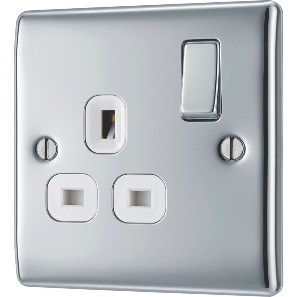 British General Nexus Metal 13A 1-Gang DP Switched Plug Socket Polished Chrome  with White Inserts