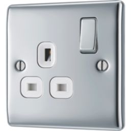 British General Nexus Metal 13A 1-Gang DP Switched Plug Socket Polished Chrome  with White Inserts