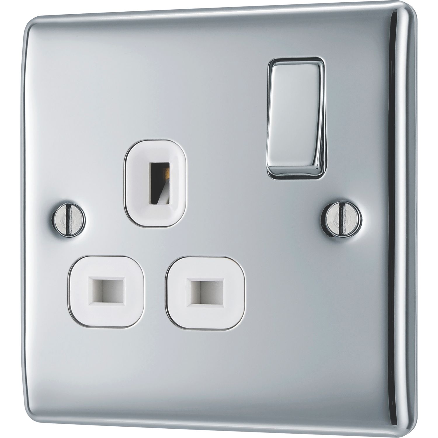 British General Nexus Metal 13A 1-Gang DP Switched Plug Socket Polished Chrome with White Inserts (838FT)
