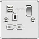 Knightsbridge FPR9124PCW 13A 1-Gang SP Switched Socket + 2.4A 2-Outlet Type A USB Charger Polished Chrome with White Inserts