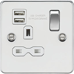 Knightsbridge  13A 1-Gang SP Switched Socket + 2.4A 2-Outlet Type A USB Charger Polished Chrome with White Inserts