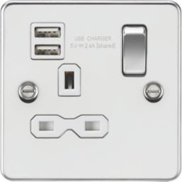 Knightsbridge  13A 1-Gang SP Switched Socket + 2.4A 12W 2-Outlet Type A USB Charger Polished Chrome with White Inserts