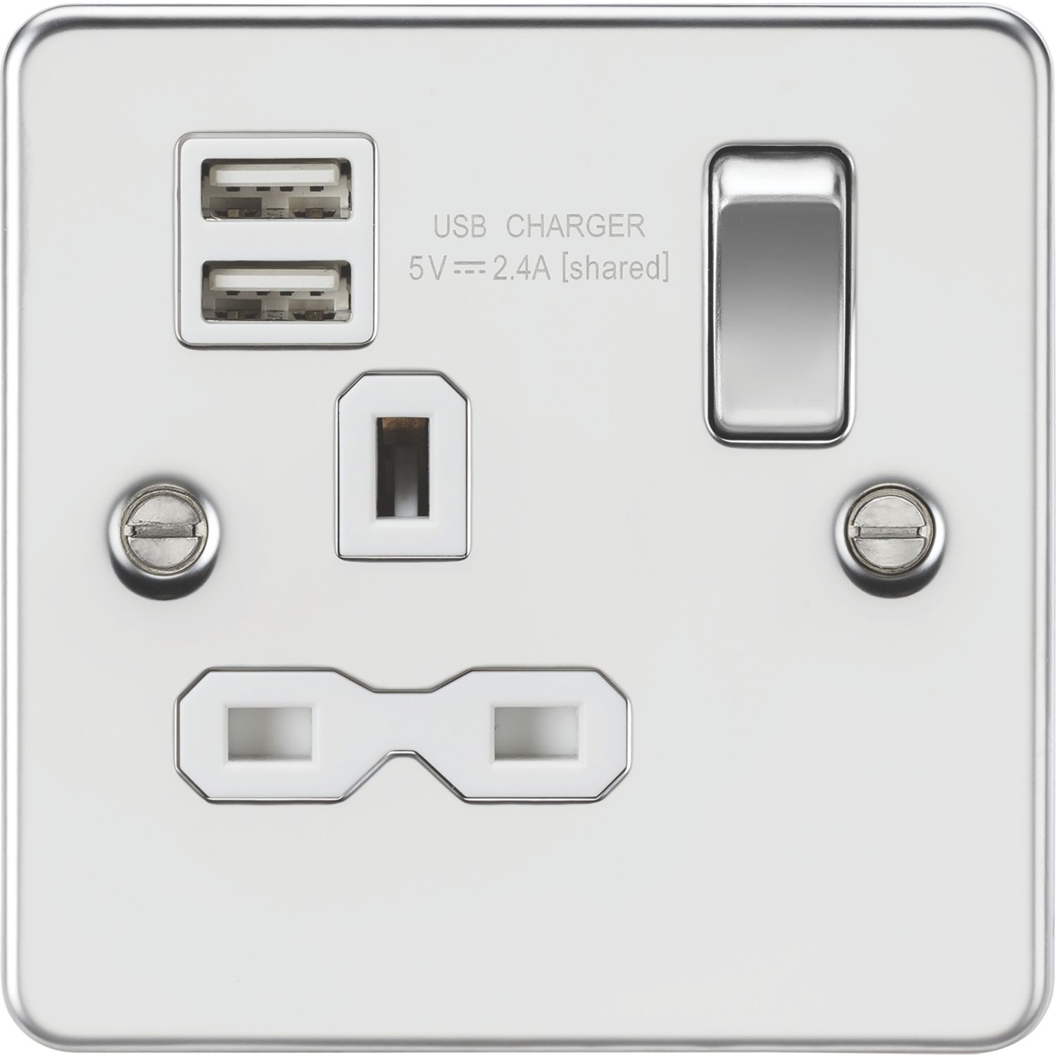 Knightsbridge 13A 1-Gang SP Switched Socket + 2.4A 12W 2-Outlet Type A USB Charger Polished Chrome with White Inserts (838TY)