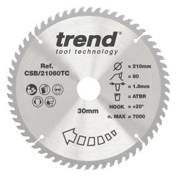 Trend CSB/21060TC Wood Thin Kerf Circular Saw Blade for Cordless Saws 210mm x 30mm 60T
