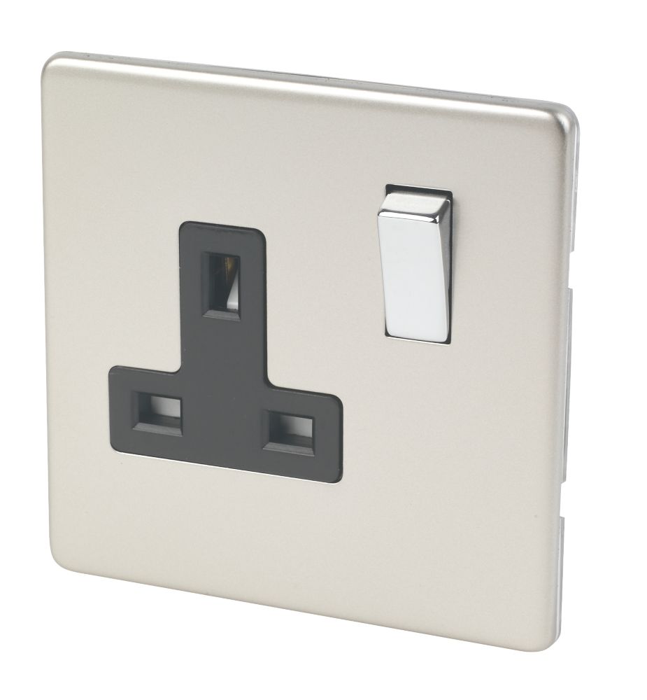 Varilight  13AX 1-Gang DP Switched Plug Socket Satin Chrome  with Black Inserts