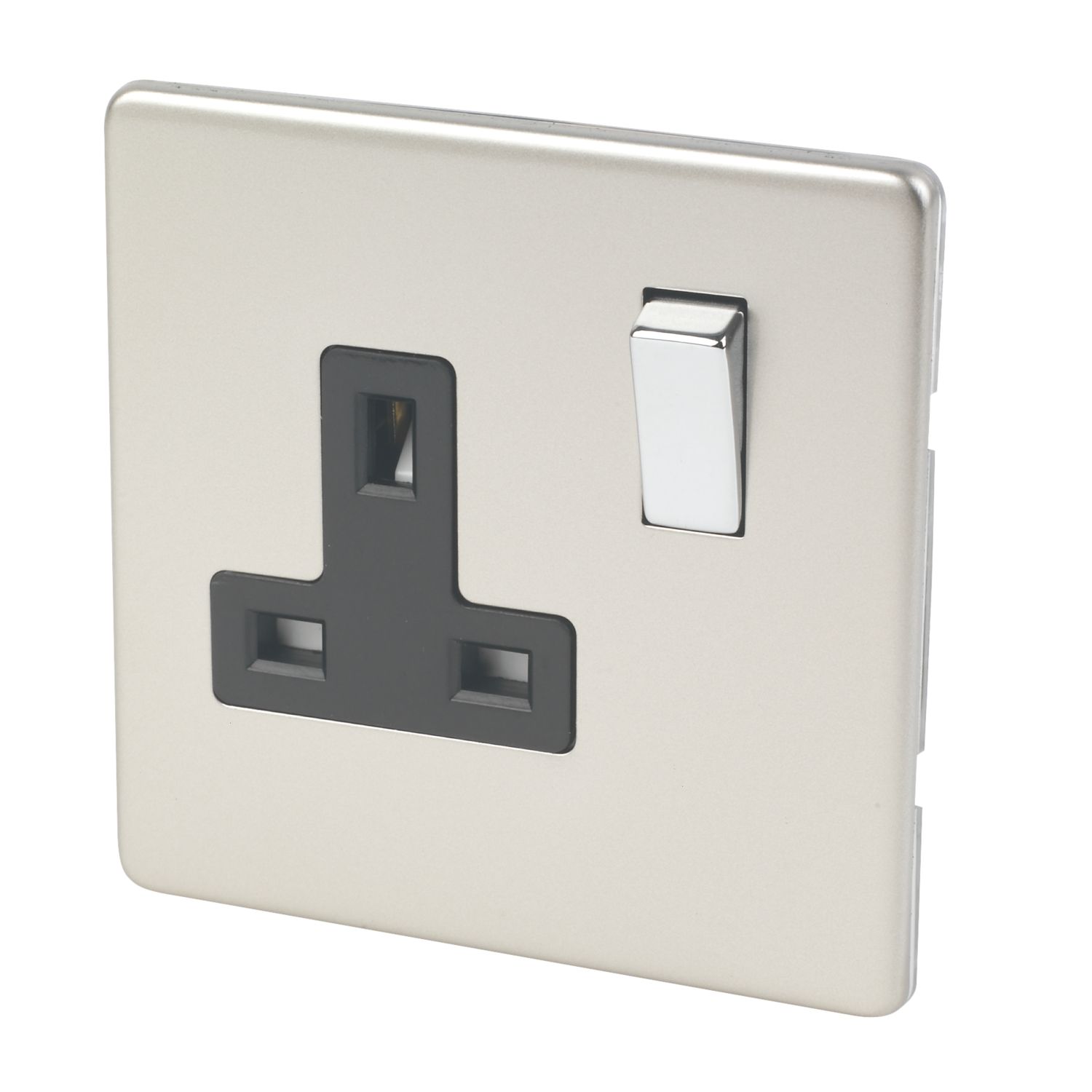 Varilight 13AX 1-Gang DP Switched Plug Socket Satin Chrome with Black Inserts (83937)