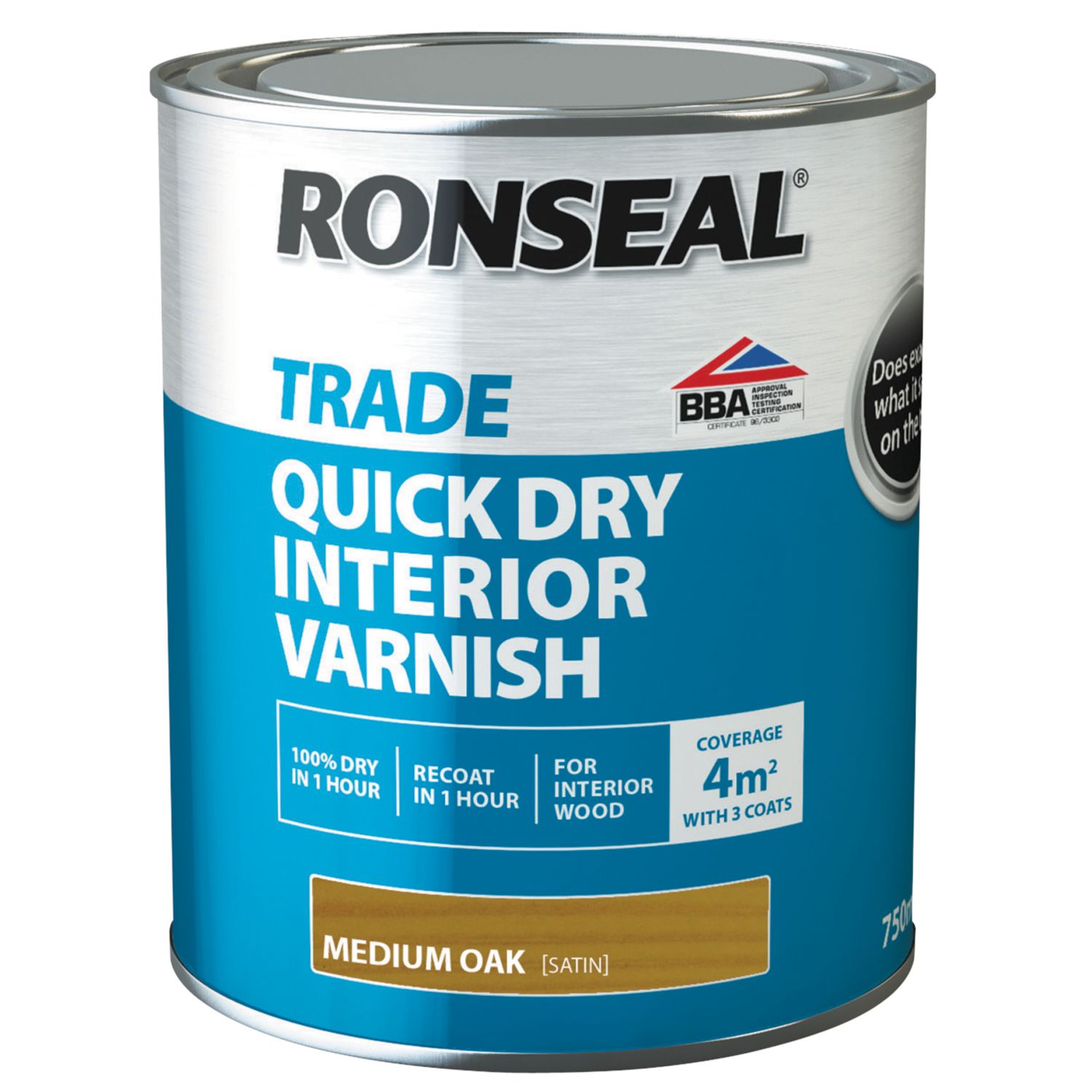 Ronseal 750ml Medium Oak Satin Water-Based Interior Wood Varnish (839HT)