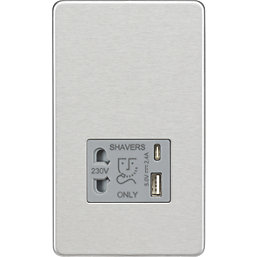 Knightsbridge  2-Gang Single Voltage Shaver Socket+ 2.4A 12W 2-Outlet Type A & C USB Charger 230V Brushed Chrome with Grey Inserts