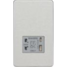 Knightsbridge  2-Gang Single Voltage Shaver Socket+ 2.4A 12W 2-Outlet Type A & C USB Charger 230V Brushed Chrome with Grey Inserts