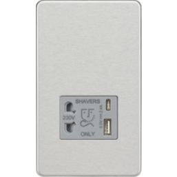 Knightsbridge  2-Gang Single Voltage Shaver Socket+ 2.4A 12W 2-Outlet Type A & C USB Charger 230V Brushed Chrome with Grey Inserts