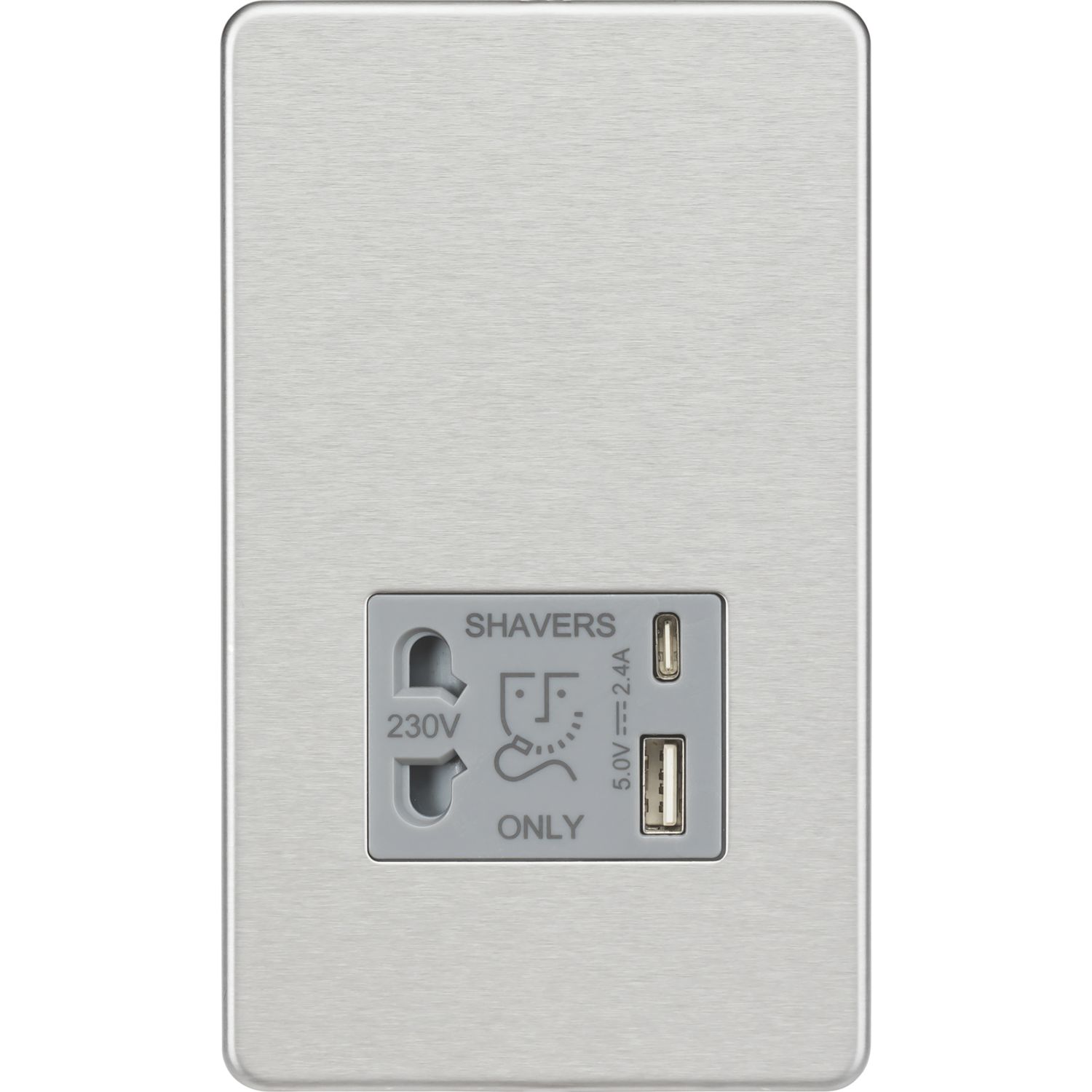 Knightsbridge 2-Gang Single Voltage Shaver Socket+ 2.4A 12W 2-Outlet Type A & C USB Charger 230V Brushed Chrome with Grey Inserts (839PX)