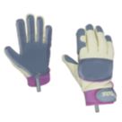 ClipGlove Leather Palm  Womens Goatskin Leather Gardening Gloves Blue / Cream Small