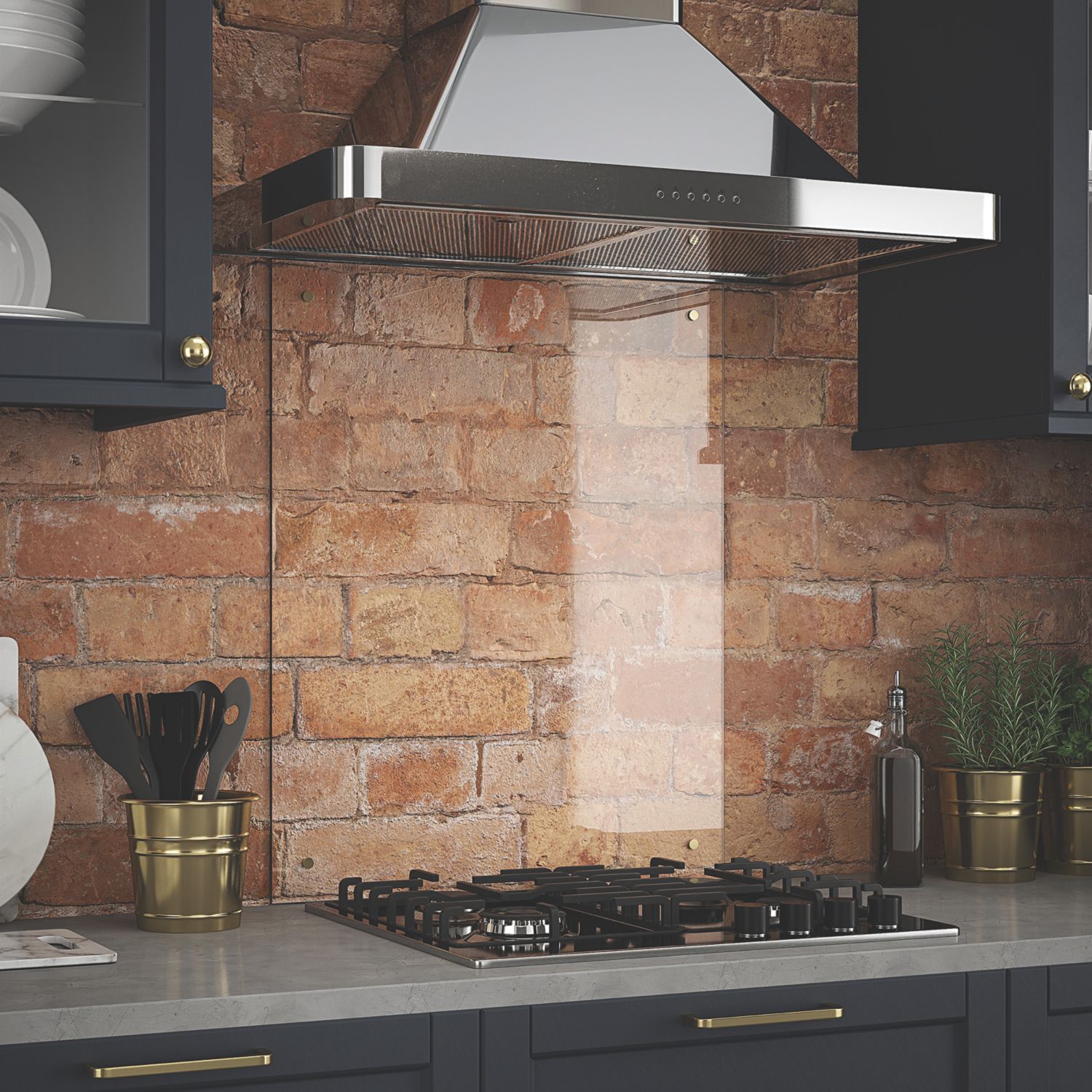 Splashback Clear with Brushed Brass Caps Kitchen Splashback 600mm x 700mm x 6mm (840YR)