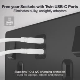 British General Evolve 13A 2-Gang SP Switched Socket + 3.25A 65W 2-Outlet Type C USB Charger Matt Black with Black Inserts