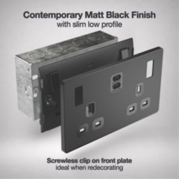 British General Evolve 13A 2-Gang SP Switched Socket + 3.25A 65W 2-Outlet Type C USB Charger Matt Black with Black Inserts