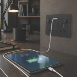 British General Evolve 13A 2-Gang SP Switched Socket + 3.25A 65W 2-Outlet Type C USB Charger Matt Black with Black Inserts