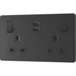 British General Evolve 13A 2-Gang SP Switched Socket + 3.25A 65W 2-Outlet Type C USB Charger Matt Black with Black Inserts