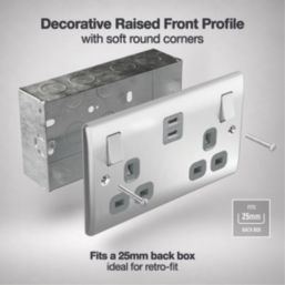 British General Nexus Metal 13A 2-Gang SP Switched Socket + 3.25A 45W 2-Outlet Type C USB Charger Brushed Steel with Grey Inserts