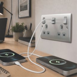 British General Nexus Metal 13A 2-Gang SP Switched Socket + 3.25A 45W 2-Outlet Type C USB Charger Brushed Steel with Grey Inserts