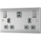 British General Nexus Metal 13A 2-Gang SP Switched Socket + 3.25A 45W 2-Outlet Type C USB Charger Brushed Steel with Grey Inserts