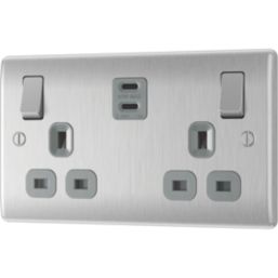 British General Nexus Metal 13A 2-Gang SP Switched Socket + 3.25A 45W 2-Outlet Type C USB Charger Brushed Steel with Grey Inserts