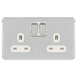 Schneider Electric Lisse Deco 13A 2-Gang SP Switched Plug Socket Polished Chrome  with White Inserts