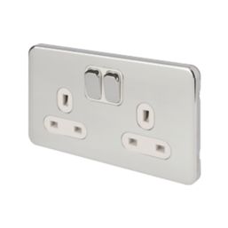 Schneider Electric Lisse Deco 13A 2-Gang SP Switched Plug Socket Polished Chrome  with White Inserts