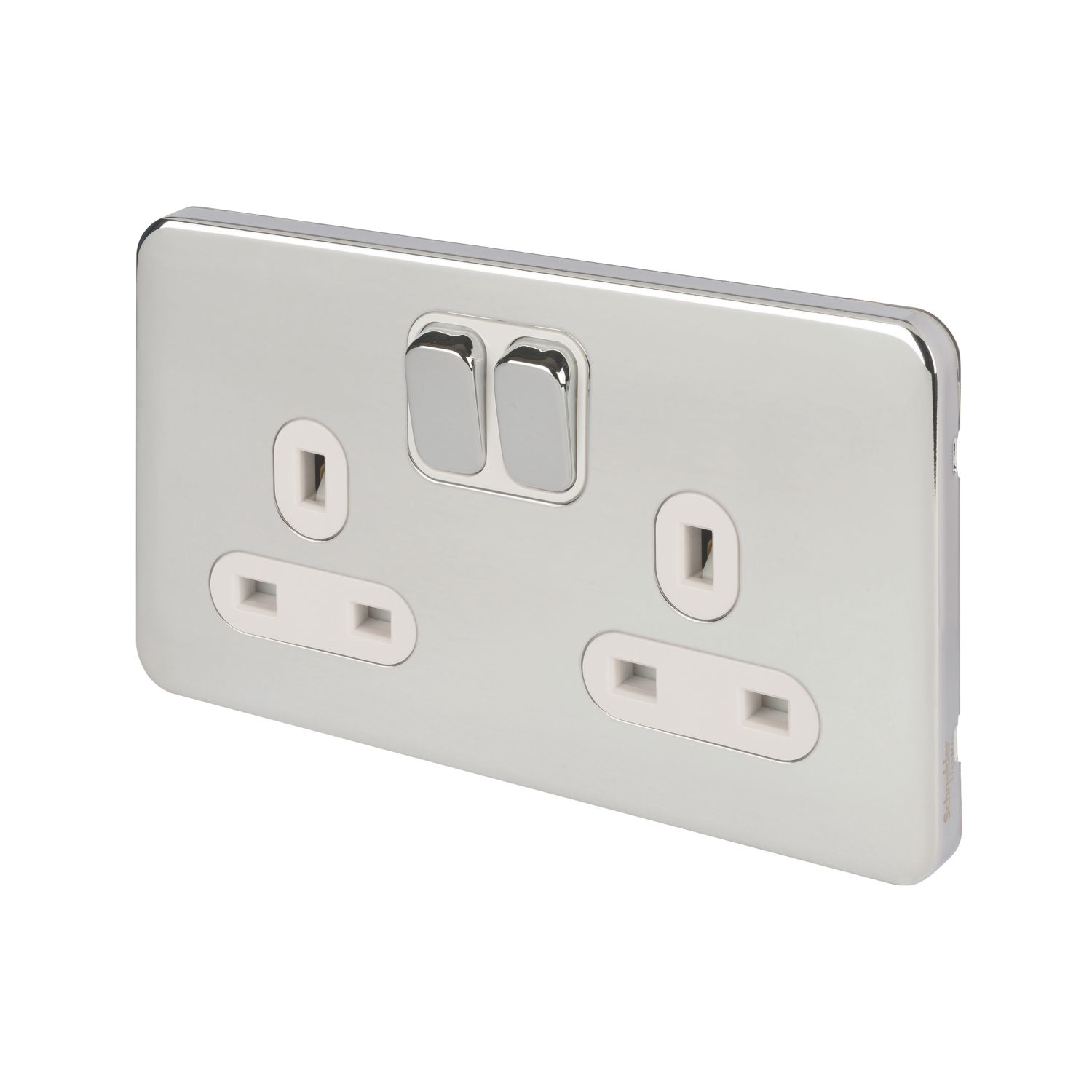 Schneider Electric Lisse Deco 13A 2-Gang SP Switched Plug Socket Polished Chrome with White Inserts (842FF)