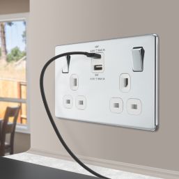 LAP  13A 2-Gang SP Switched Socket + 3A 45W 2-Outlet Type A & C USB Charger Polished Chrome with White Inserts