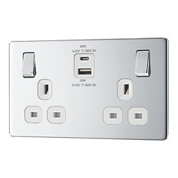 LAP  13A 2-Gang SP Switched Socket + 3A 45W 2-Outlet Type A & C USB Charger Polished Chrome with White Inserts