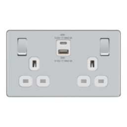 LAP  13A 2-Gang SP Switched Socket + 3A 45W 2-Outlet Type A & C USB Charger Polished Chrome with White Inserts