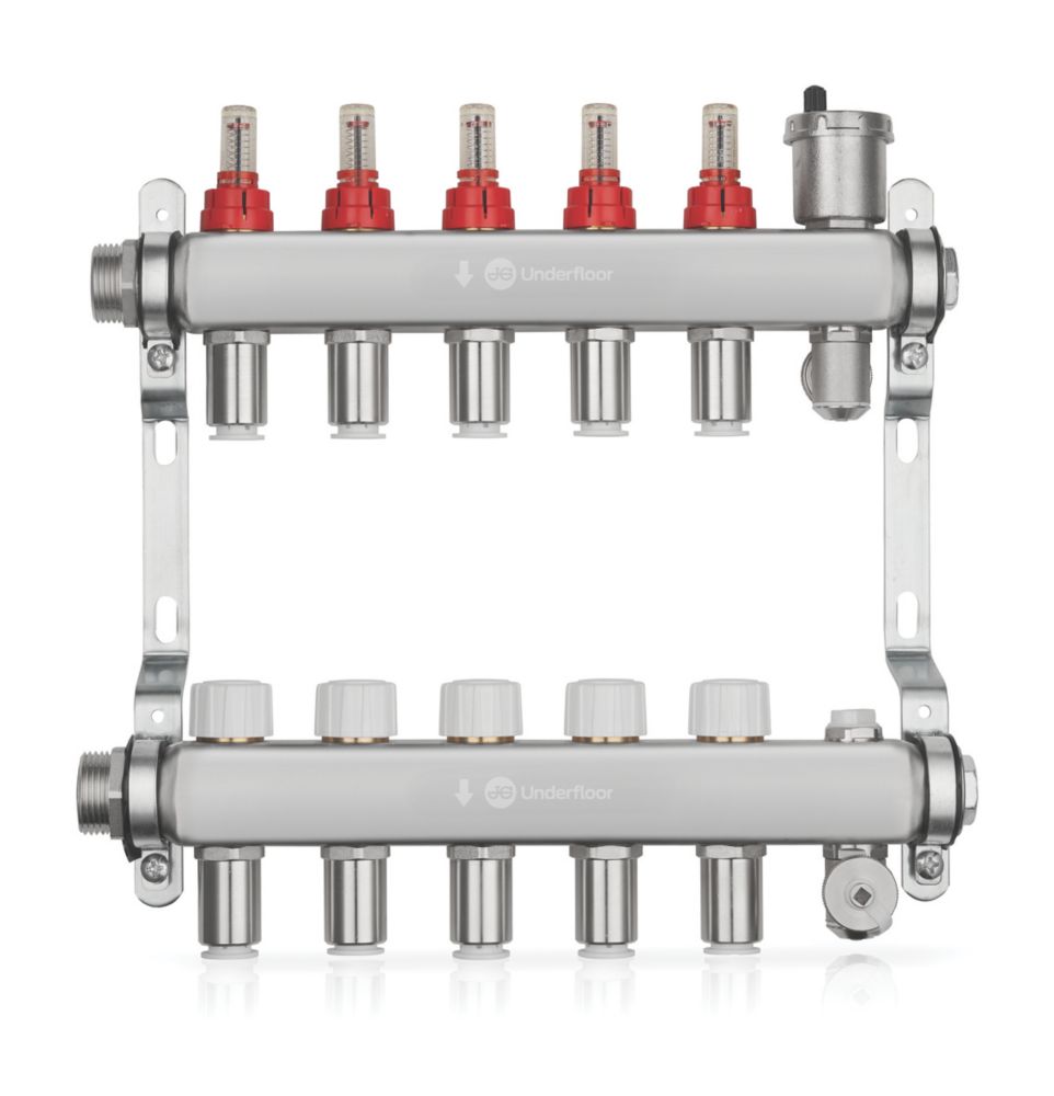 JG Underfloor 5 Port Underfloor Heating Manifold Brushed Steel - Screwfix