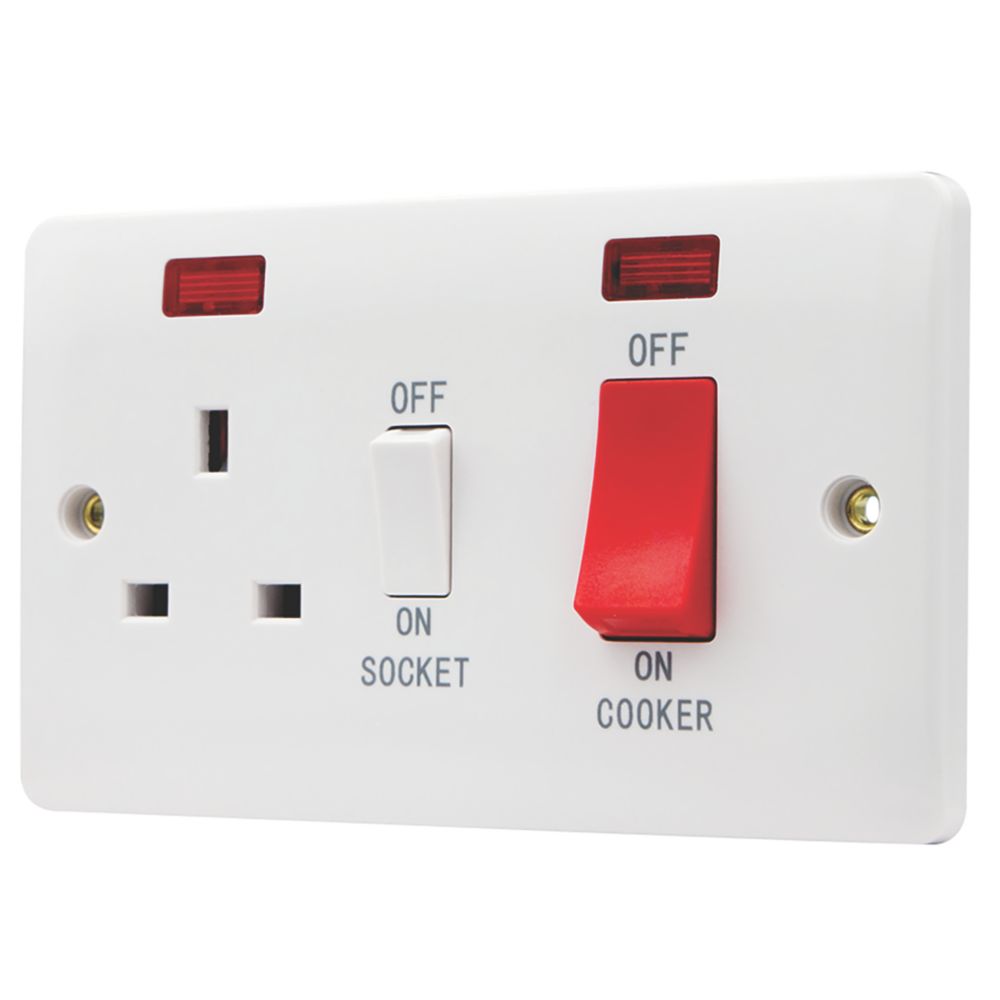 Vimark  45A 2-Gang DP Cooker Switch & 13A DP Switched Socket White with Neon with White Inserts - 8