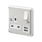 MK Contoura 13A 1-Gang DP Switched Socket + 2A 10.5W 2-Outlet Type A USB Charger Brushed Stainless Steel with White Inserts